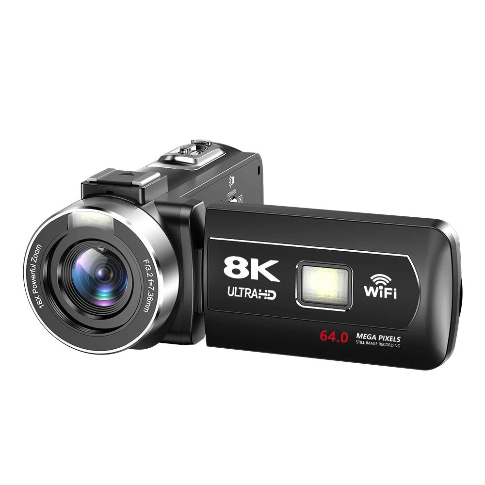 Videocámara 8K de 64MP con Visión Nocturna IR de 18X, Grabadora de Video Digital, Pantalla Táctil Giratoria de 3.0'', Wi-Fi, Vlogging, Transmisión en Vivo, Cámara Web