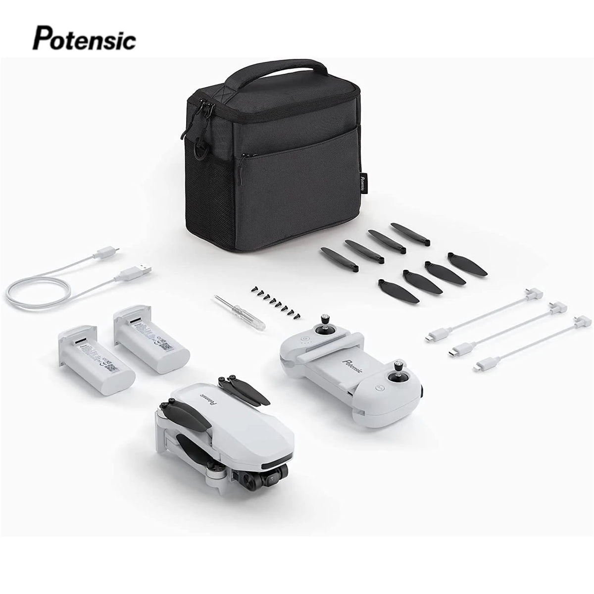 Kit de dron con maletín negro, hélices y piezas de montaje sobre fondo claro