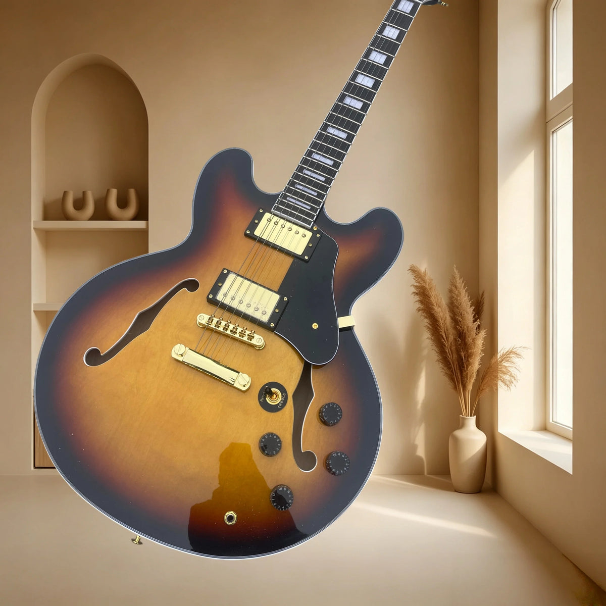 Guitarra eléctrica jazz con cuerpo de caoba, acabado sunburst, doble humbucker dorado, diseño vintage, ideal para tocar blues, un regalo perfecto.