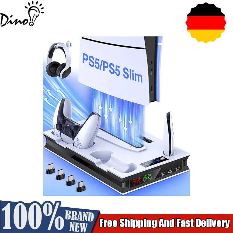 DinoFire S5000 3 Speed Cooling Fan3 Port USB Hub, Headset Holder, and Game Storage, Compatible with PS5 Disc & Digital Consoles