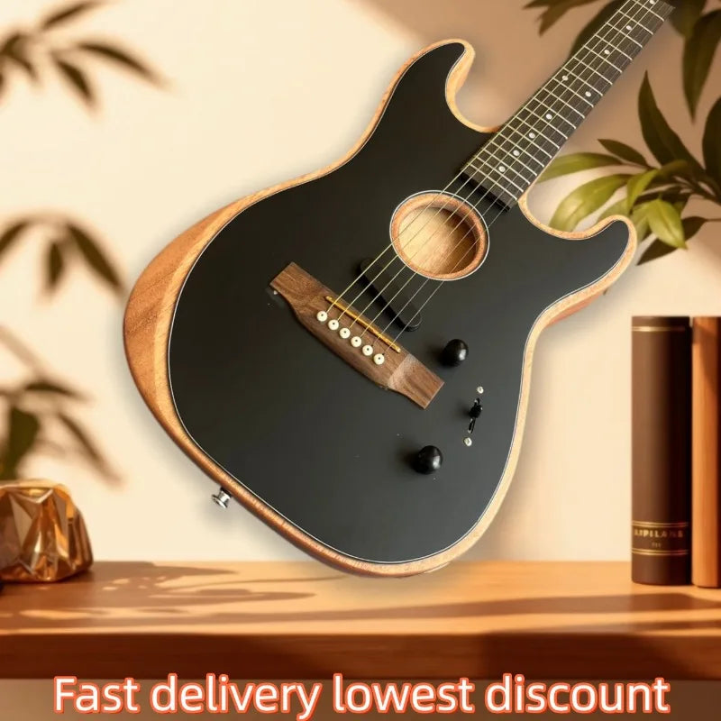 Guitarra acústica-eléctrica híbrida de 6 cuerdas, acabado negro mate, ribete de madera, una sola pastilla, ideal para música folclórica, pop y para usar en el escenario, perfecta para principiantes.