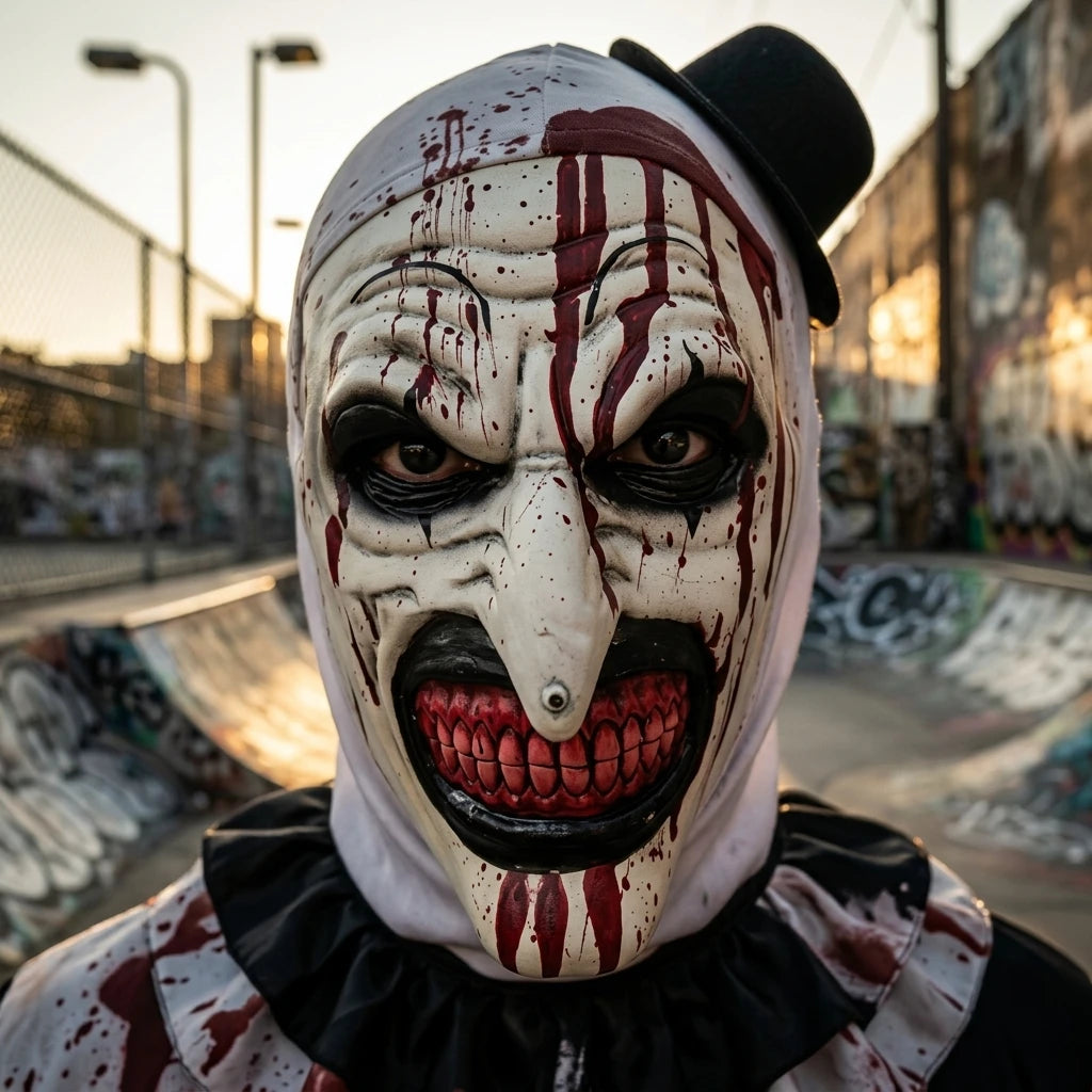 Máscara de payaso de terror de Halloween, disfraz de Art the Clown, máscara de cabeza completa con salpicaduras de sangre para fiesta, cosplay y casa embrujada