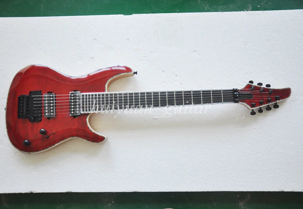 Guitarra Eléctrica Flyoung de 7 Cuerdas, Roja, con Mástil a Través del Cuerpo, Estilo Floyd, con Diapasón de Palisandro, 24 Trastes