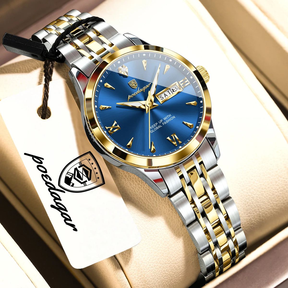 Reloj de pulsera informal POEDAGAR para mujer, resistente al agua, con fecha, semana, luminoso, de acero inoxidable, reloj de moda para mujer