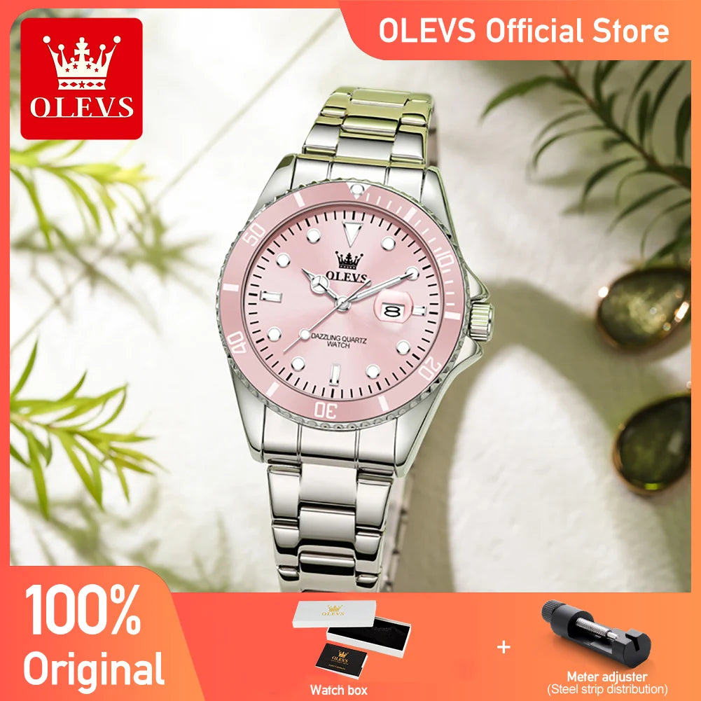 Reloj para mujer OLEVS 5885 Elegance, movimiento de cuarzo original, función de luz nocturna, correa de acero inoxidable, reloj resistente al agua para mujer
