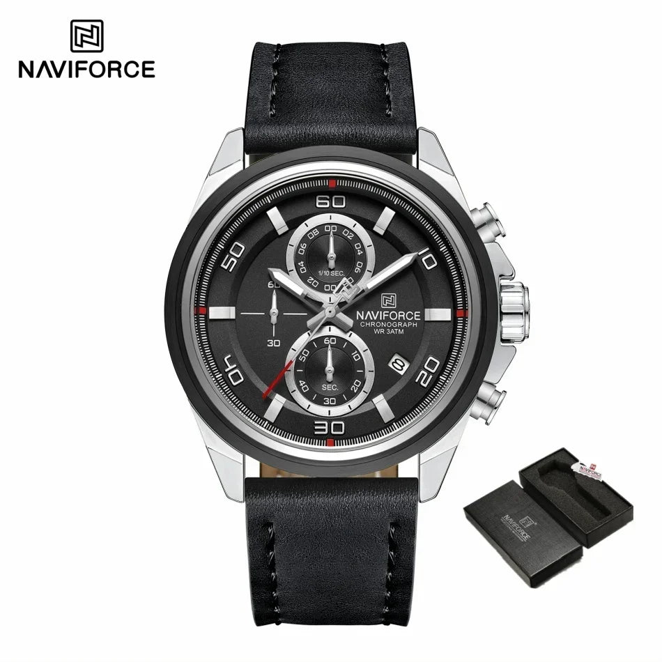 Reloj de pulsera para hombre NAVIFORCE, original, de negocios, de lujo, con correa de cuero, cronógrafo deportivo, resistente al agua 3ATM, de cuarzo