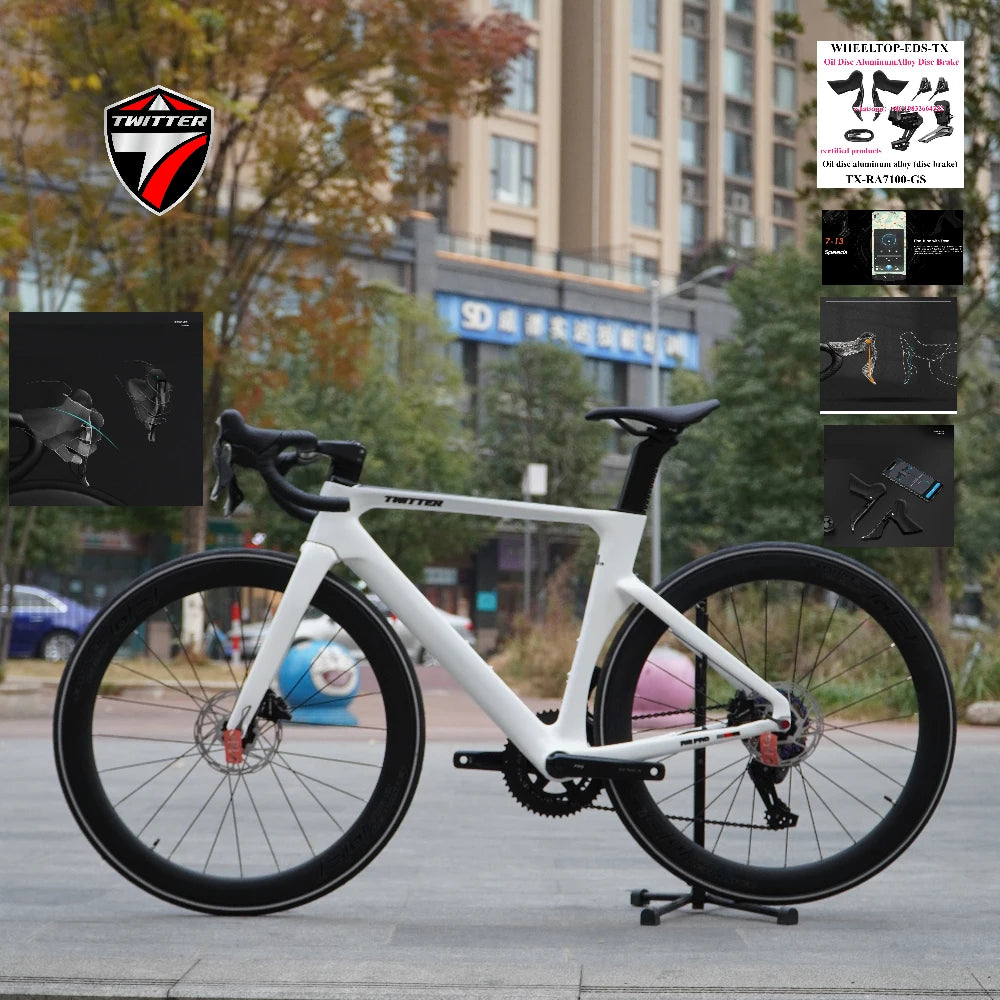 Bicicleta de carretera de fibra de carbono para competición TWITTER R12pro con frenos de disco hidráulicos, cambio electrónico inalámbrico EDS TX-2*12S
