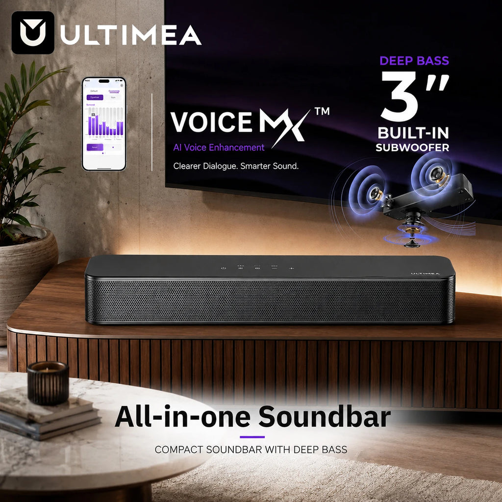 Barra de sonido compacta ULTIMEA 2.1ch para TV, subwoofer integrado de 3 pulgadas, control mediante aplicación, potencia máxima de 120 W, barra de sonido todo en uno para PC y juegos, barra de sonido Bluetooth 5.4 para