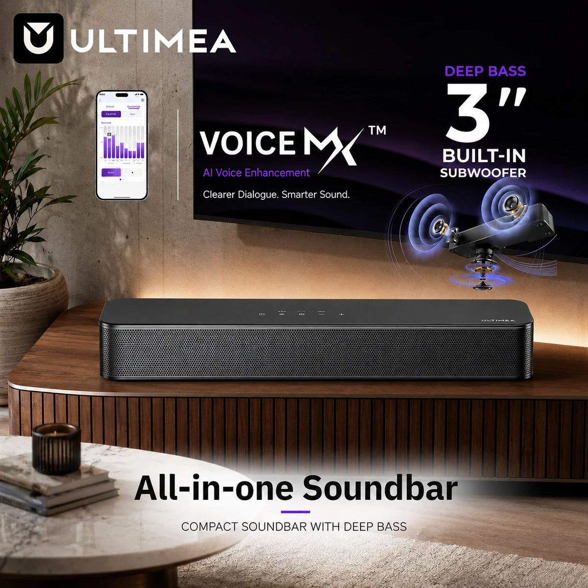 Barra de sonido compacta ULTIMEA 2.1ch para TV, subwoofer integrado de 3 pulgadas, control mediante aplicación, potencia máxima de 120 W, barra de sonido todo en uno para PC y juegos, barra de sonido Bluetooth 5.4 para