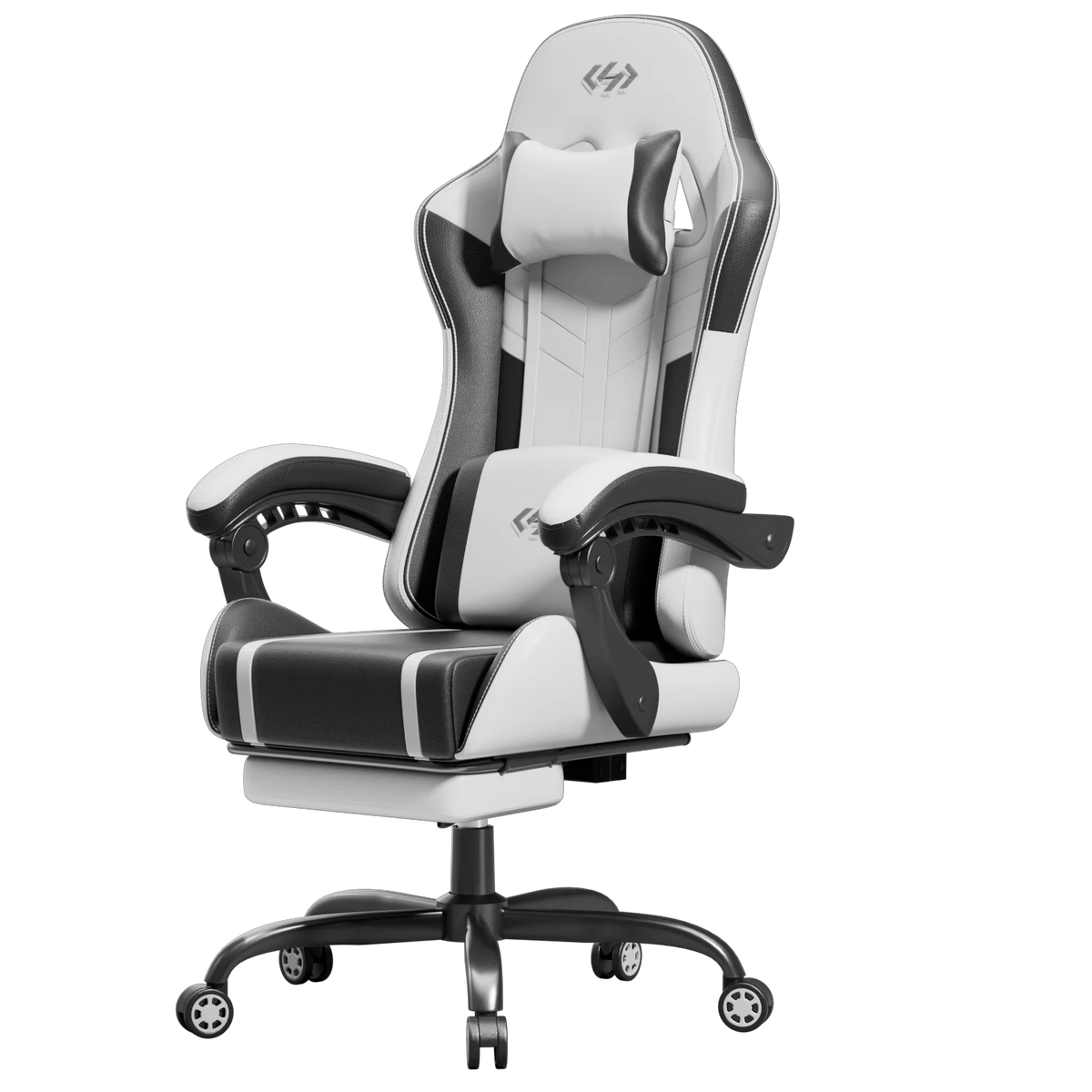 Silla de gaming ergonómica blanca y negra con reposacabezas y apoyabrazos acolchados