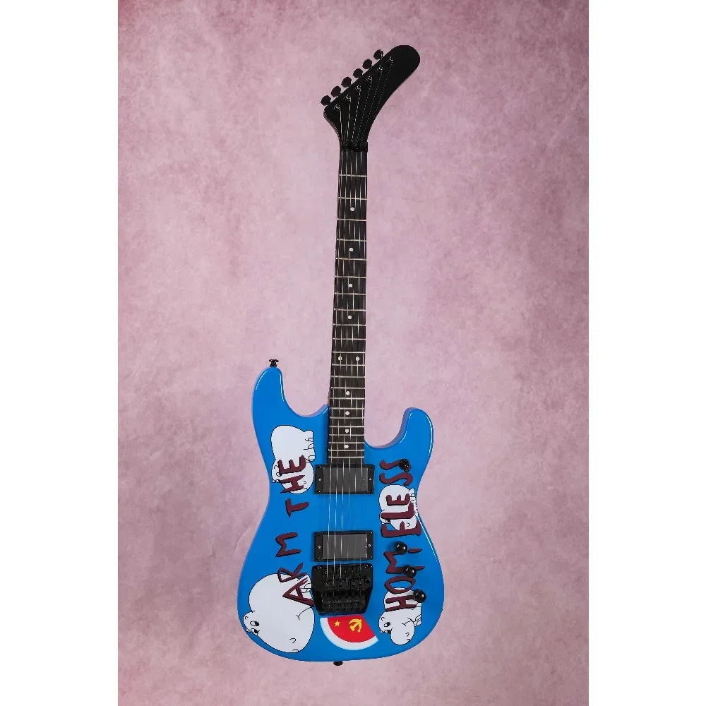 Guitarra eléctrica Morello de 6 cuerdas, color azul metálico, con diapasón de palisandro, puente Floyd Rose, mástil de arce y pastillas HH.