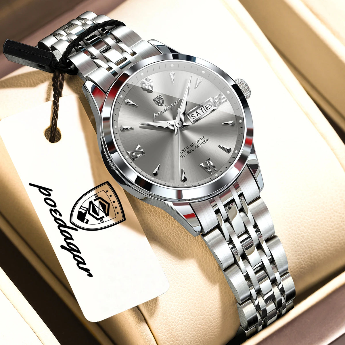 Reloj de pulsera informal POEDAGAR para mujer, resistente al agua, con fecha, semana, luminoso, de acero inoxidable, reloj de moda para mujer