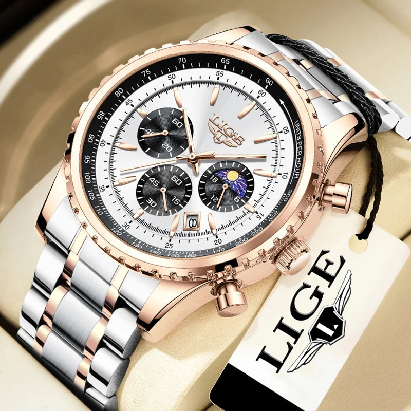Reloj para hombre LIGE, nuevo reloj de acero completo, resistente al agua, luminoso, de cuarzo, de moda, militar, con fecha y cronógrafo.