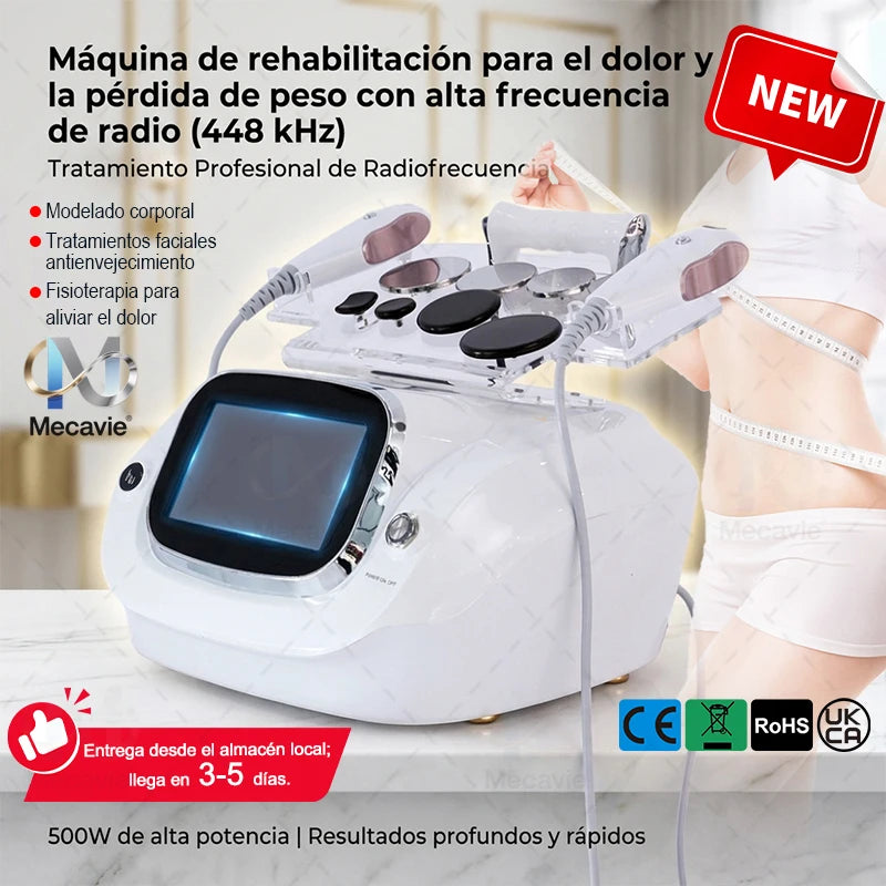Máquina de Terapia Tecar Mecavie 448KHz Indiba Mejorada |   Sondas CAP/RES + Cuchilla Fascial, Adelgazamiento, Alivio del Dolor y Rejuvenecimiento de la Piel