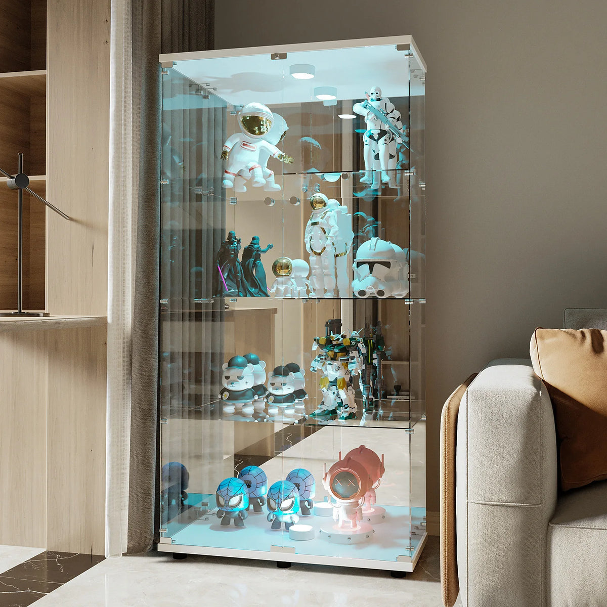 Vitrina de cristal de 4 niveles Fangange con iluminación LED, vidrio templado, cerradura, respaldo de espejo, mueble expositor de suelo para coleccionables, figuras y vino, color negro/blanco