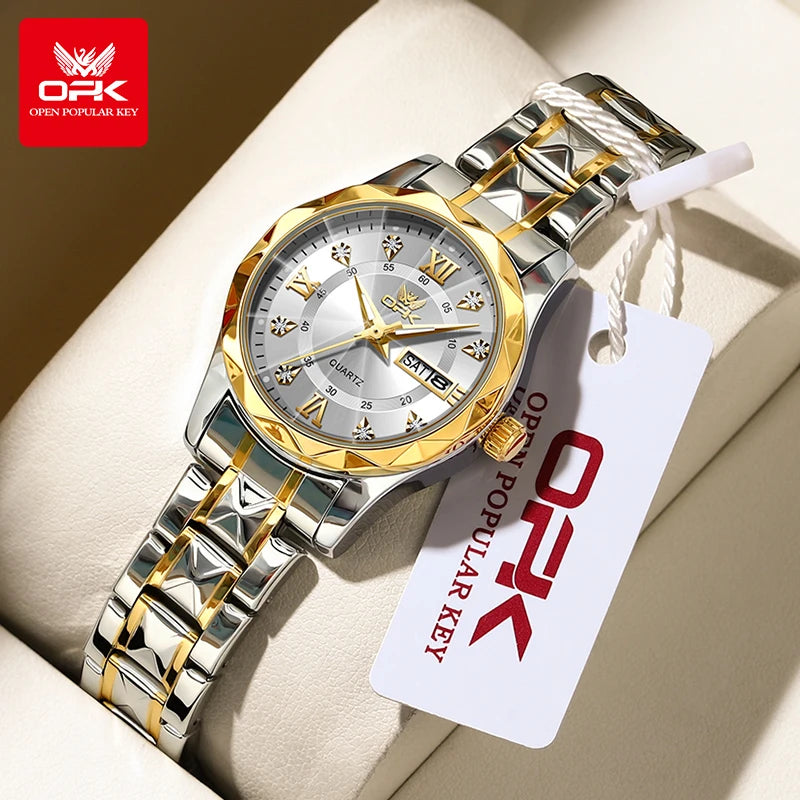 Reloj de mujer OLEVS 6023, reloj de pulsera de lujo para mujer, color dorado, con fecha y día, de acero inoxidable, resistente al agua, de cuarzo