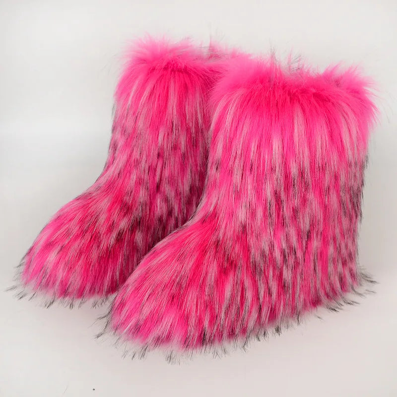 Botas de piel para mujer, botas de nieve de piel sintética peludas y esponjosas de lujo para invierno, botines de plataforma impermeables con cordones, botas de esquí rosas 2024