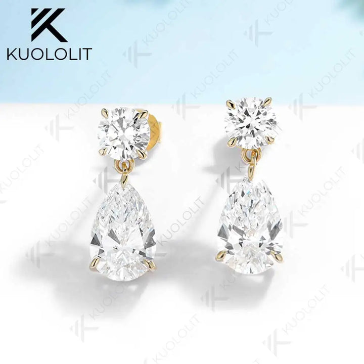 Kuololit 3CTW Pendientes de diamantes cultivados en laboratorio para mujer Sólido 18K 14K 10K 585 Pendiente de clip de pera de oro amarillo para regalo de Navidad