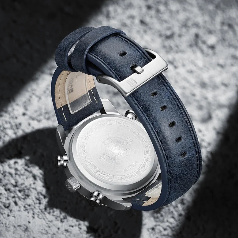Reloj para hombre NAVIFORCE NF9263 con correa de cuero genuino, cronógrafo, alarma, pantalla luminosa resistente al agua, reloj para hombre con correa de cuero genuino