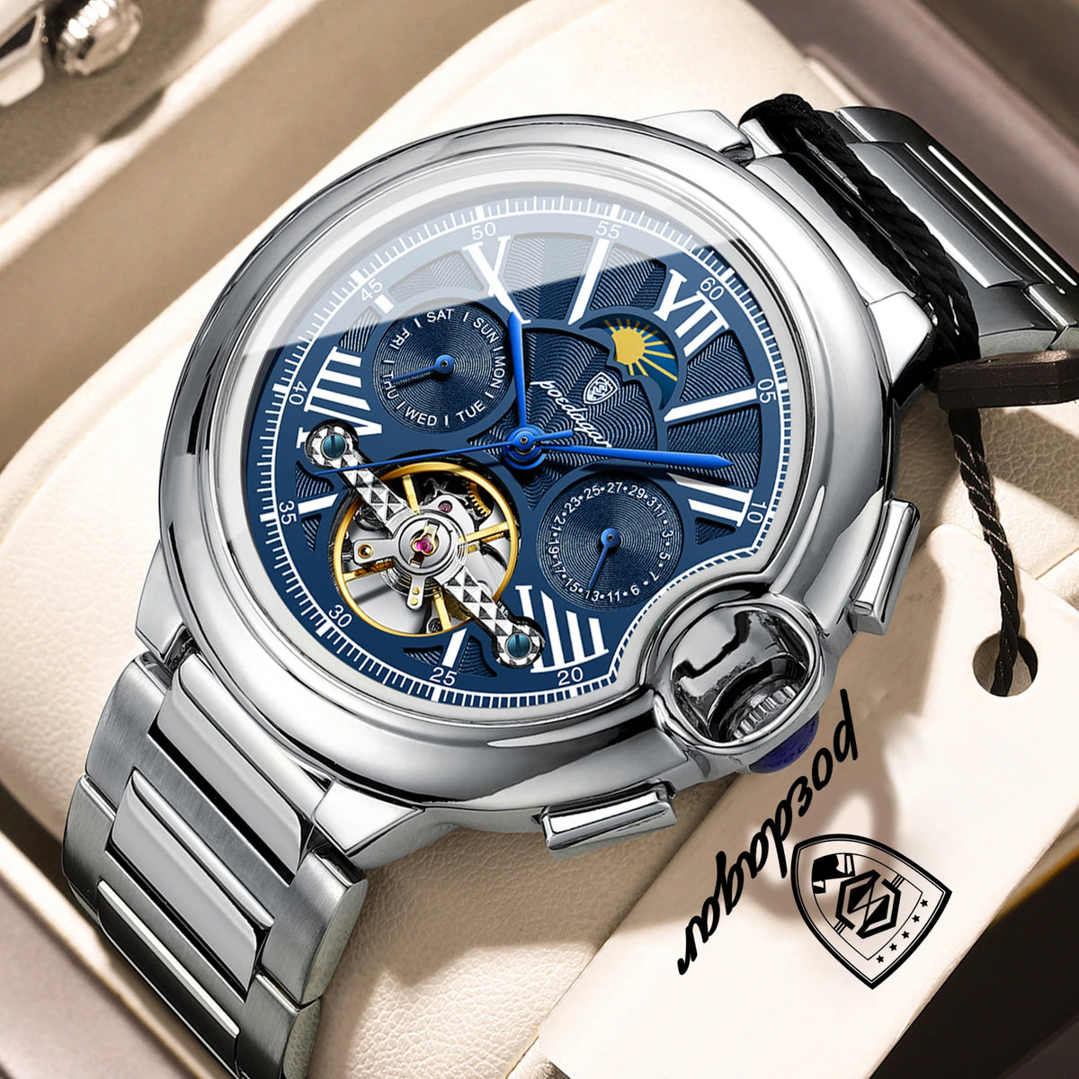 Reloj mecánico automático de lujo para hombre POEDAGAR, con fecha, semana, tourbillon, correa de piel, resistente al agua y diseño de negocios.