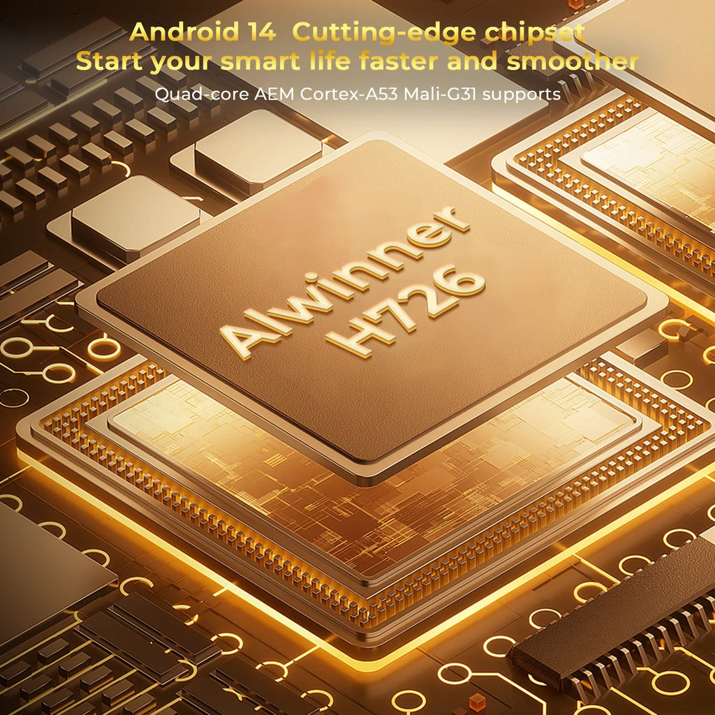 Chip del proyector con etiqueta “Android 14” y diseño de circuito