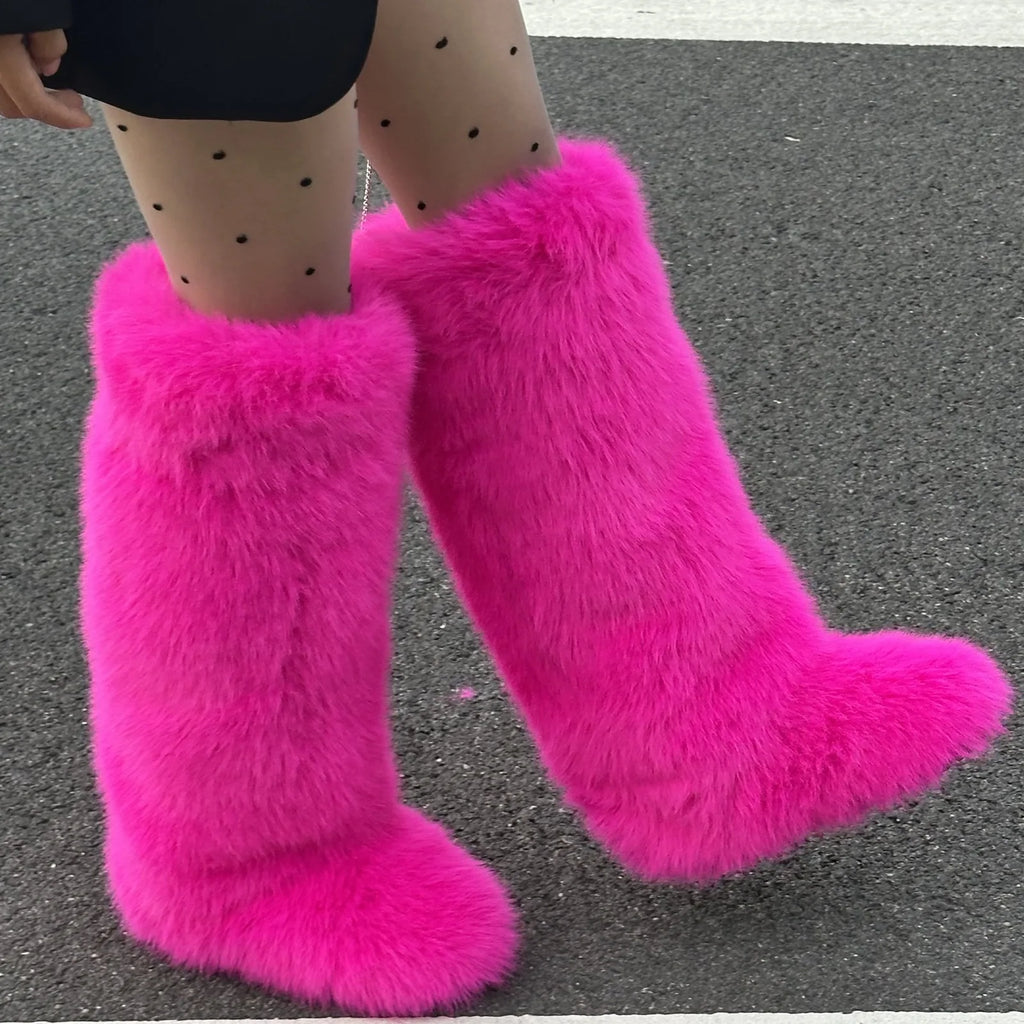 Botas Altas de Piel Sintética Rosa Intenso para Mujer, Cálidas y a la Moda para Invierno, Estilo Urbano
