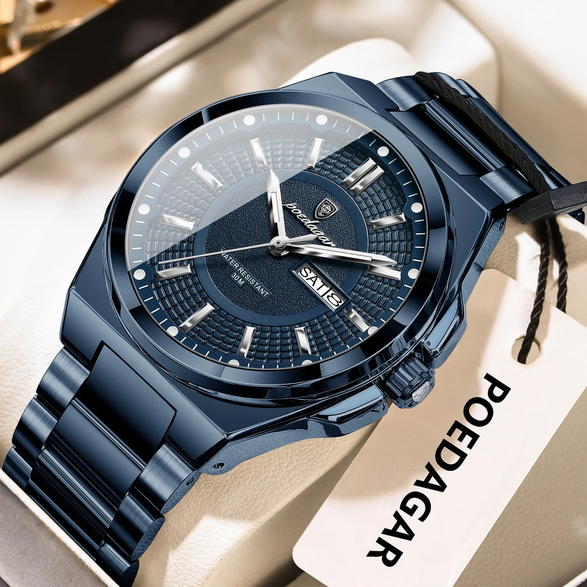 Reloj de pulsera deportivo original POEDAGAR para hombre, de cuarzo, fecha, semana, de lujo, resistente al agua, luminoso, de acero inoxidable