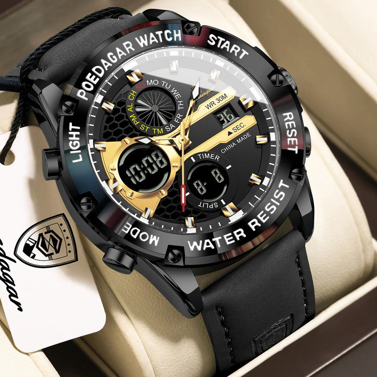 Reloj de hombre POEDAGAR Top Fashion, impermeable, electrónico, LED, de lujo, con pantalla de hora dual, digital, de cuarzo y correa de piel