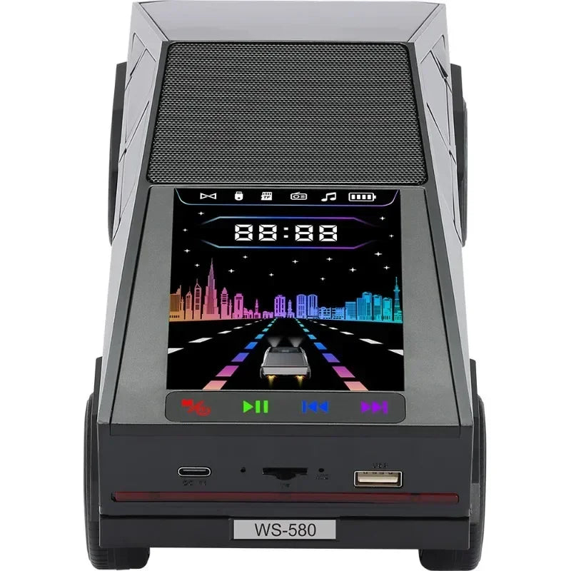 WS-580 Nuevo altavoz Bluetooth inalámbrico con forma de coche Cybertruck con TF, USB, FM, TWS, selfie, luz LED de colores y carga tipo C