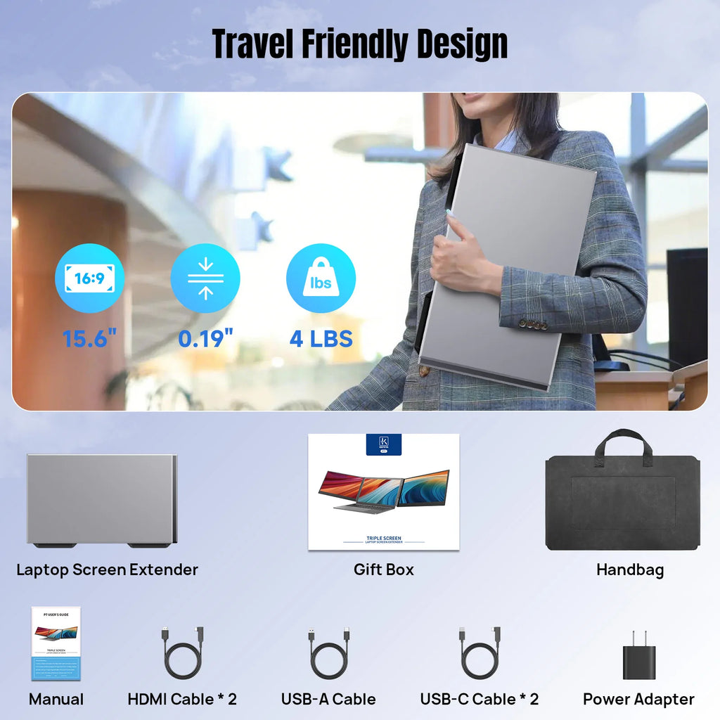 KEFEYA Extensor de Pantalla Triple para Portátil de 15.6 Pulgadas FHD 1080P, 178 °   Monitor portátil de aleación de aluminio con pantalla de gran tamaño, 60 Hz, baja emisión de luz azul, 180. °   Rotación, Plug & Pla