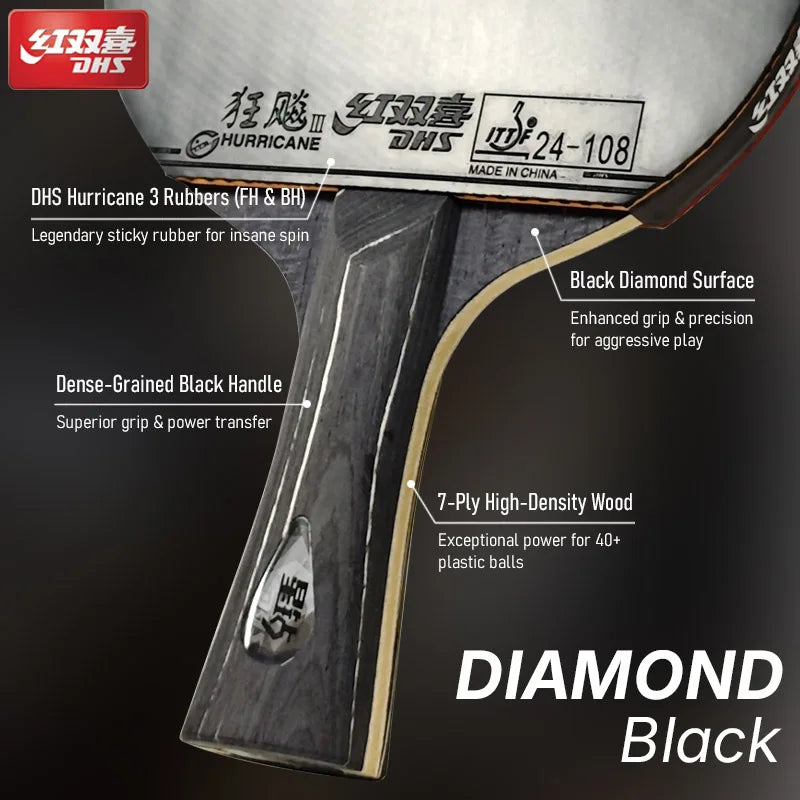 DHS DIAMOND Raqueta de tenis de mesa negra de 7 capas con gomas Hurricane 3 - Bata de paleta de Ping Pong profesional para girar y velocidad