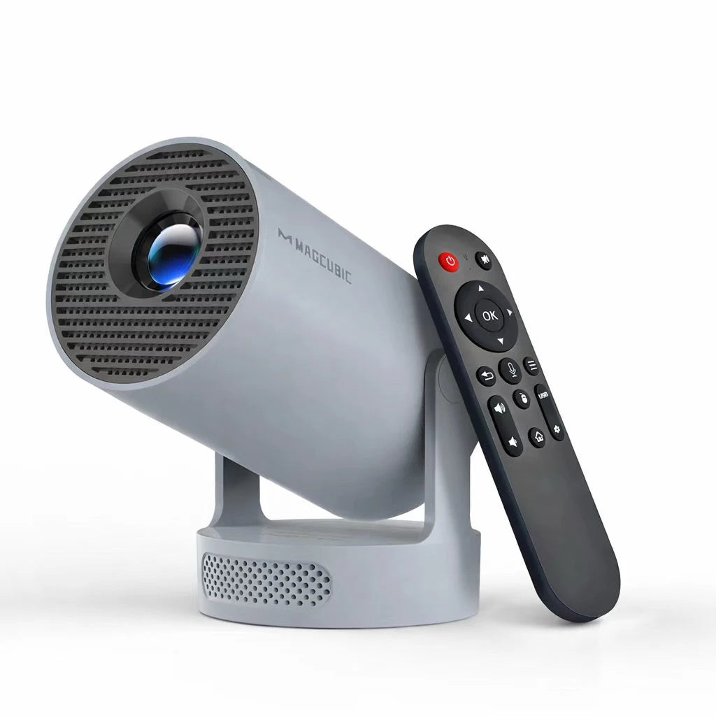 Proyector portátil gris claro con control remoto negro