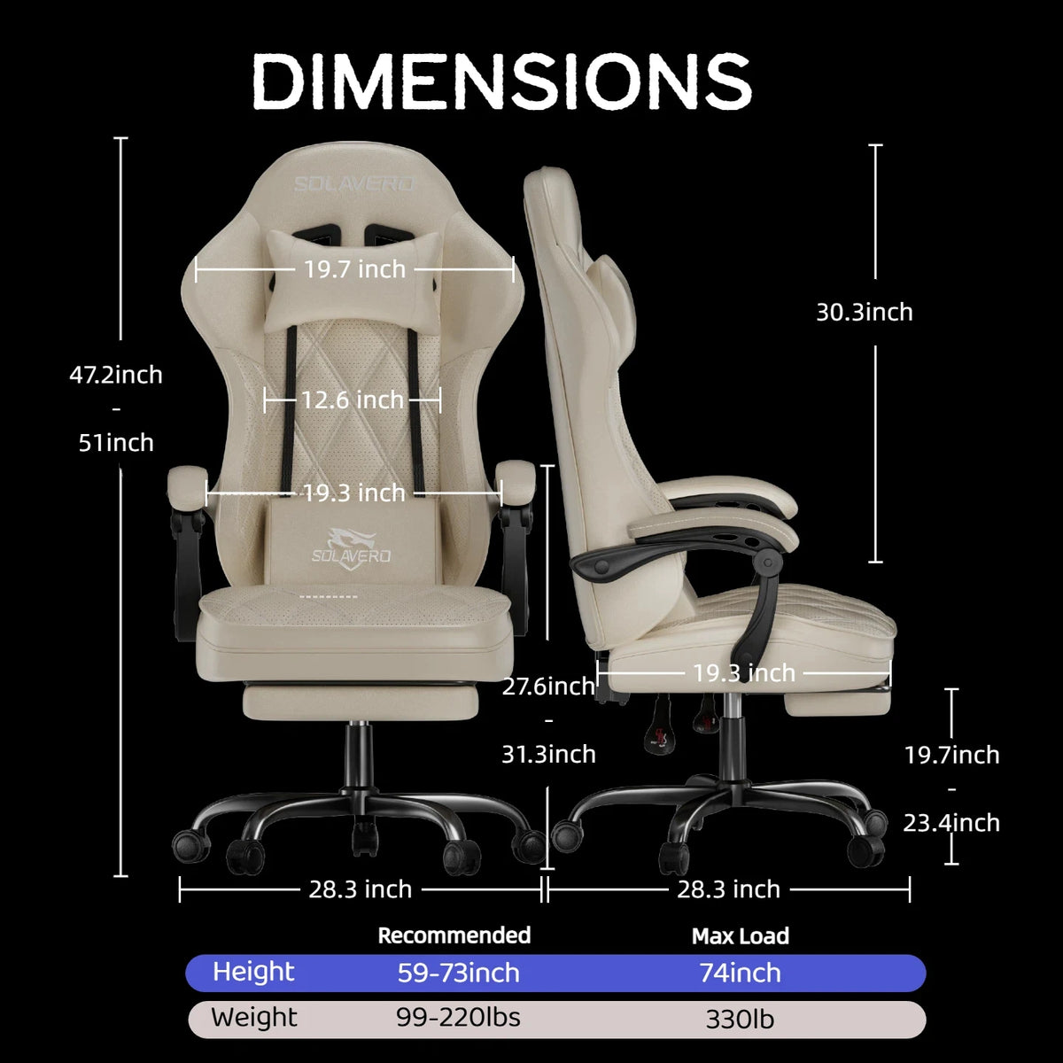 Silla de gaming beige con reposacabezas, reposabrazos y reposapiés, base negra con ruedas