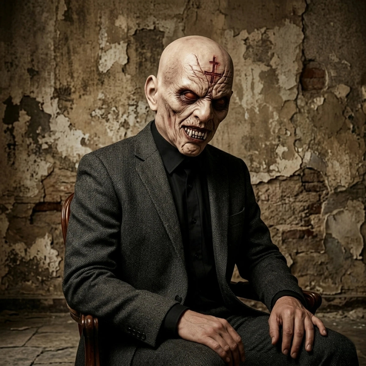 Scary Bald Zombie Mask with Cross Mark Horror Latex Full Head Mask for Halloween Party Costume Cosplay Prop