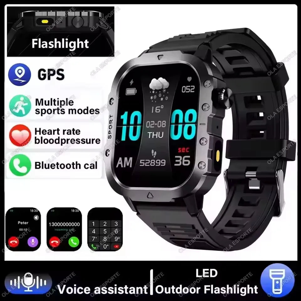 Reloj inteligente militar 2026 para hombre, 3ATM, deportivo para exteriores, rastreador de actividad física, monitor de presión arterial y salud, llamada BT, reloj inteligente con GPS