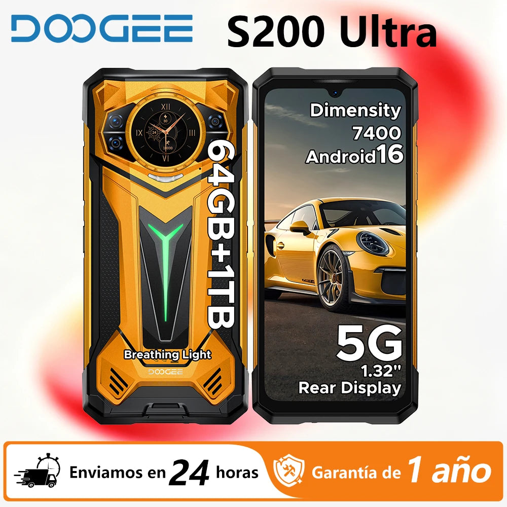 Smartphone resistente DOOGEE S200 Ultra 5G, Dimensity 7400, 64 GB de RAM (12+52) 1 TB de ROM, pantalla de 6,72'' a 120 Hz, batería de 11000 mAh, 66 W, NFC, Android 16