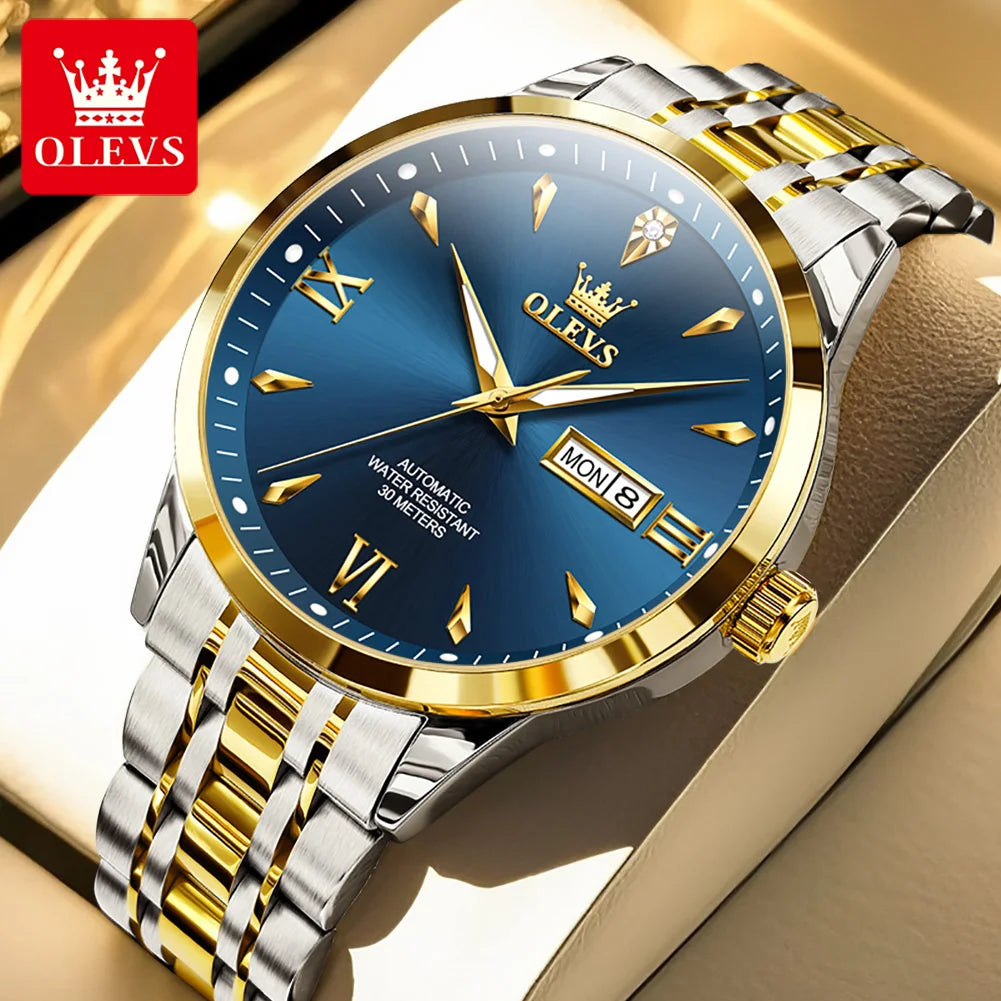 Reloj mecánico automático OLEVS 9956 para hombre, de acero inoxidable, resistente al agua, con fecha y día, versión de lujo original mejorada