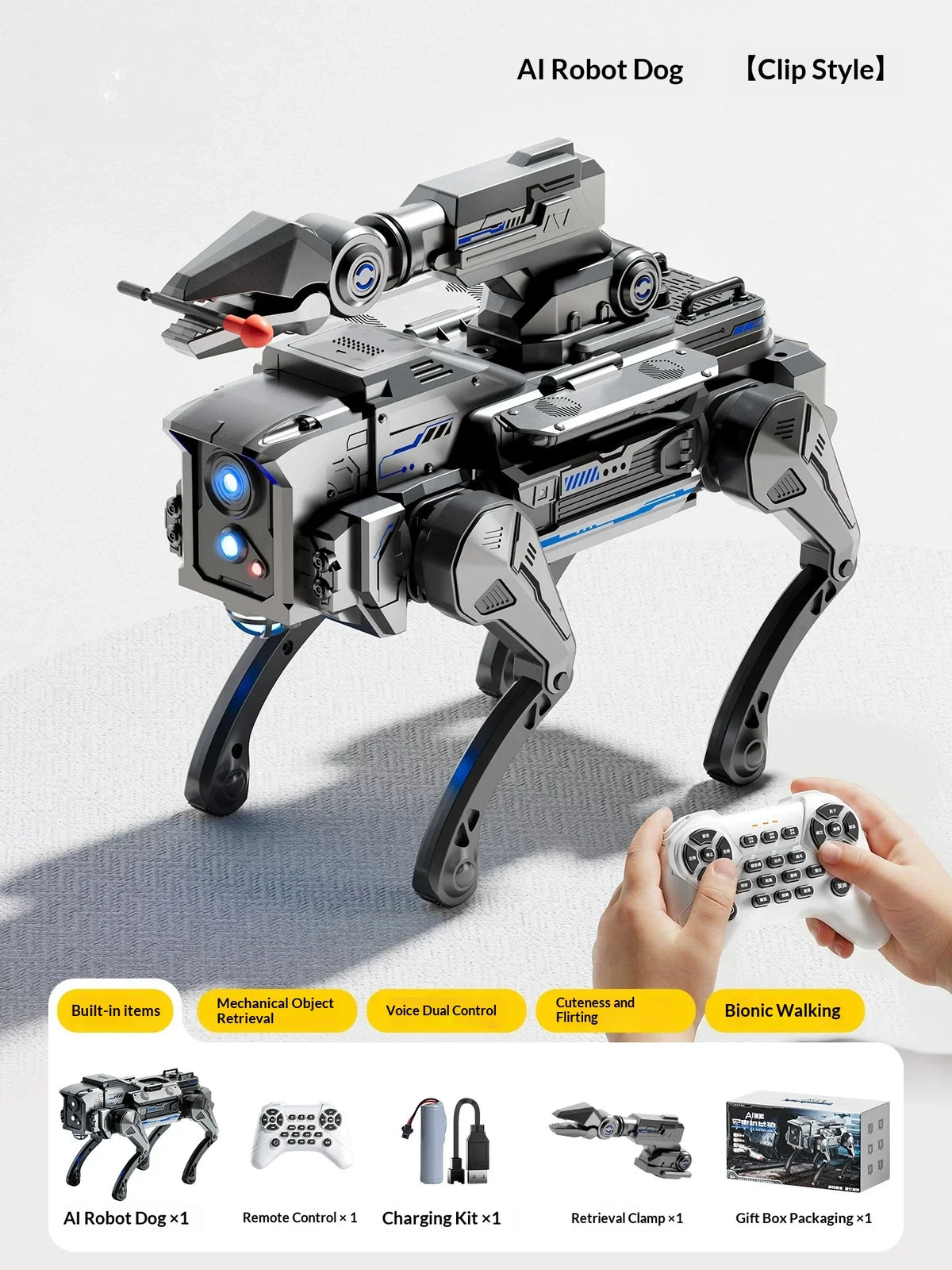 Perro robot mecánico gris con luces azules, versión con sujeción, control remoto