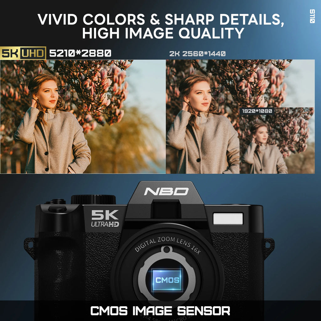 Cámaras Digitales NBD de 48MP y 4K para Fotografía, Cámaras de Viaje para Vlogging con Zoom Digital de 16X y 180° ° Pantalla abatible de 52 mm, lente macro, micrófono, batería de larga duración, regalo