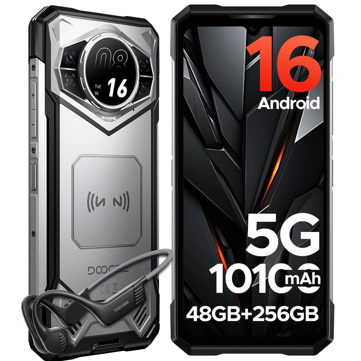 DOOGEE S200E AI Rugged Phone Android 16 1.32" AMOLED Rear Display 10100mAh Battery Dimensity 7050 48GB RAM(8+40) 256GB ROM NFC Google Pay Supports VIP Edition with Bone Conduction Running Headphones