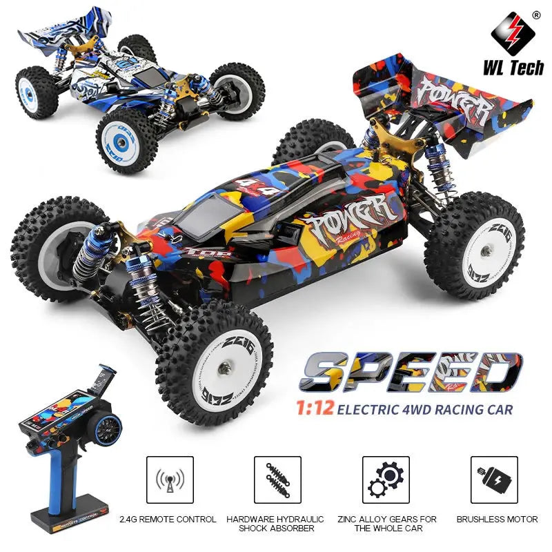 Coche RC eléctrico 1:12 de 4WD con diseño multicolor y ruedas de tacos grandes