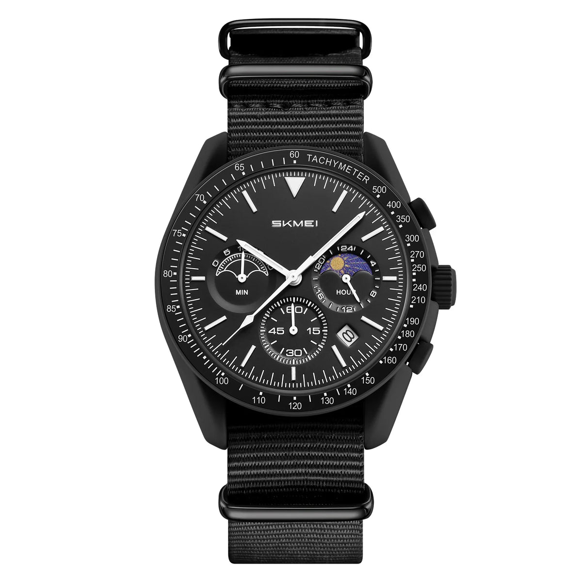 Reloj de cuarzo unisex SKMEI redondo con correa de nailon, fase lunar, cronógrafo, taquímetro, fecha, reloj de pulsera ligero para hombre y mujer 9392