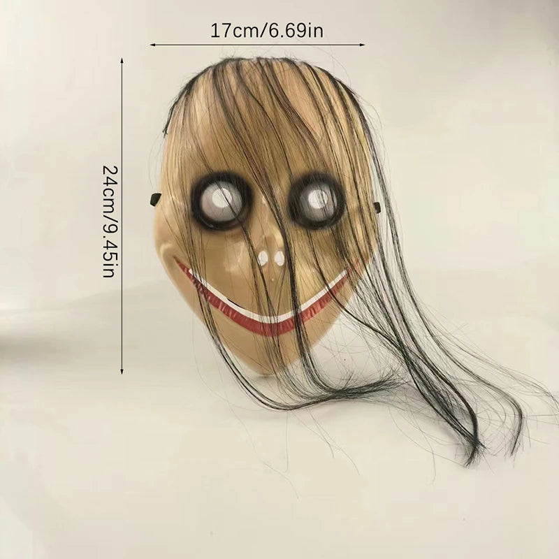 Nueva máscara de terror de Halloween con cabello largo, boca en forma de V, divertida, para juego de rol de fantasma femenino, Momo, linda