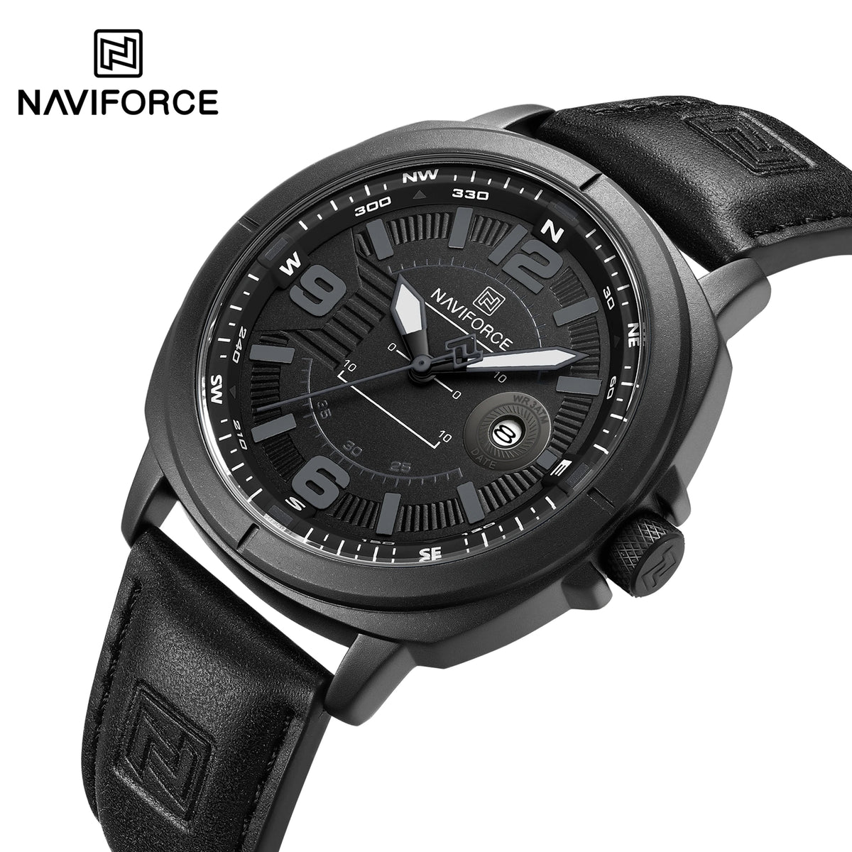 NAVIFORCE 8078 Men's Quartz Watch Luminous Calendar Casual Sports Wristwatch Waterproof with Soft Leather Strap for Daily Wear