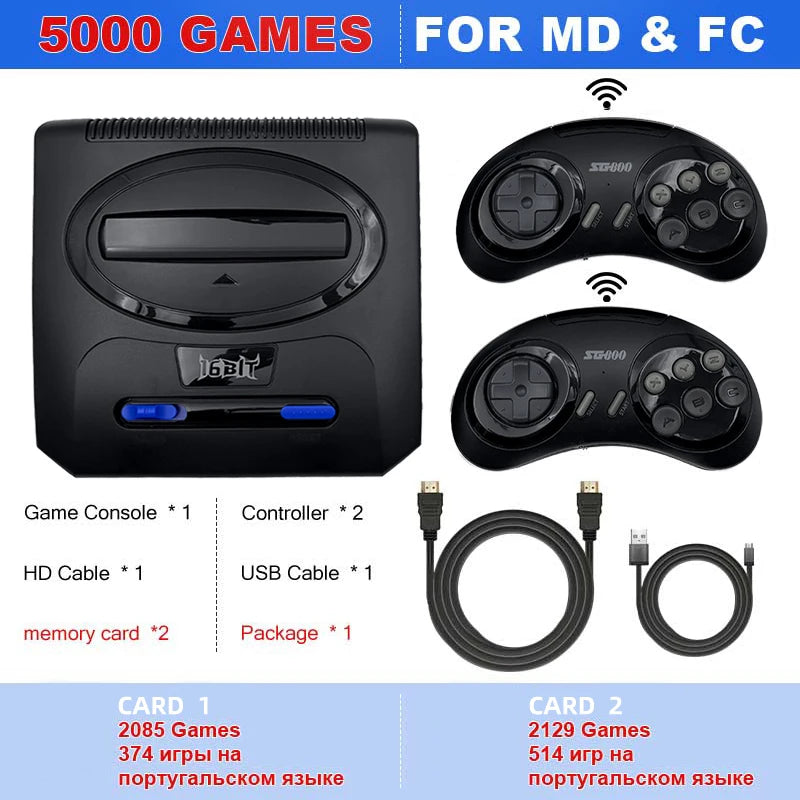 Consola de Videojuegos Retro de 16 Bits con Salida HD, Plug&amp;Play para Mega Drive, con 2 Controles Inalámbricos SG800, Función de Guardado y Carga para Monitor