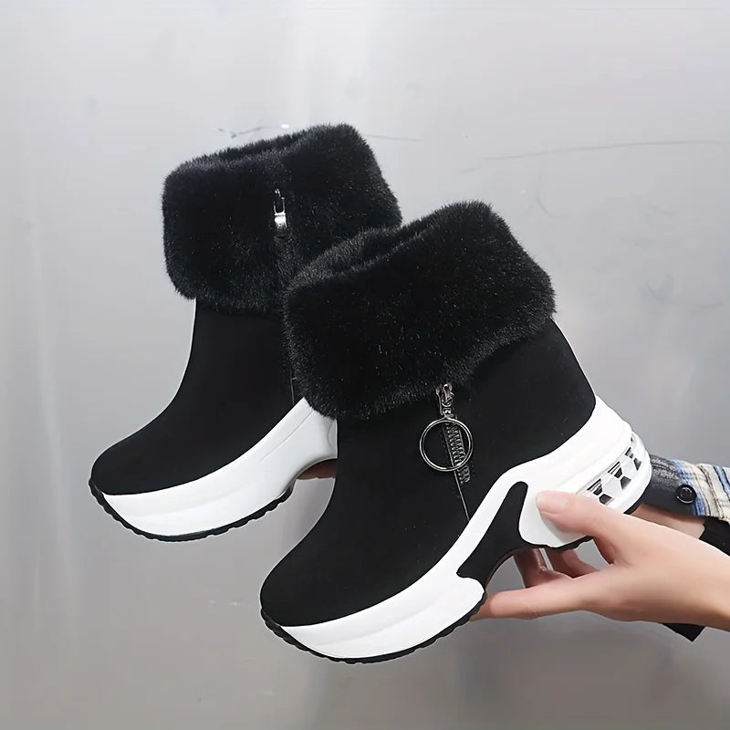 Zapatillas de deporte cálidas para mujer, botas cortas informales con forro de empuje y cremallera lateral, botas de nieve hasta el tobillo para mujer, botas de cuña con plataforma