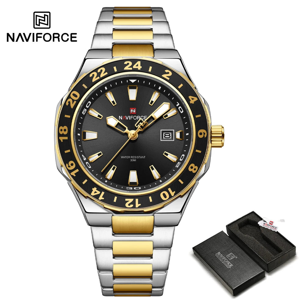 NAVIFORCE 2025 Nuevo Reloj para Hombre Estilo Negocios Clásico Reloj de Pulsera de Cuarzo de Lujo Azul y Dorado Acero Inoxidable Masculino