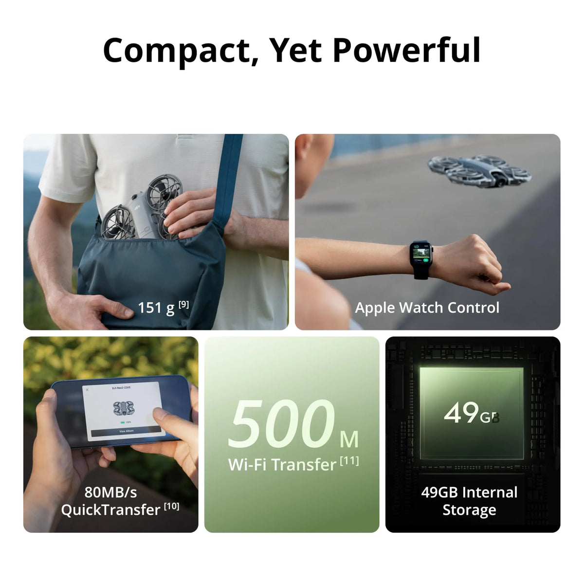 Infografía del dron DJI Neo 2: 151 g, transferencia Wi‑Fi y almacenamiento interno.