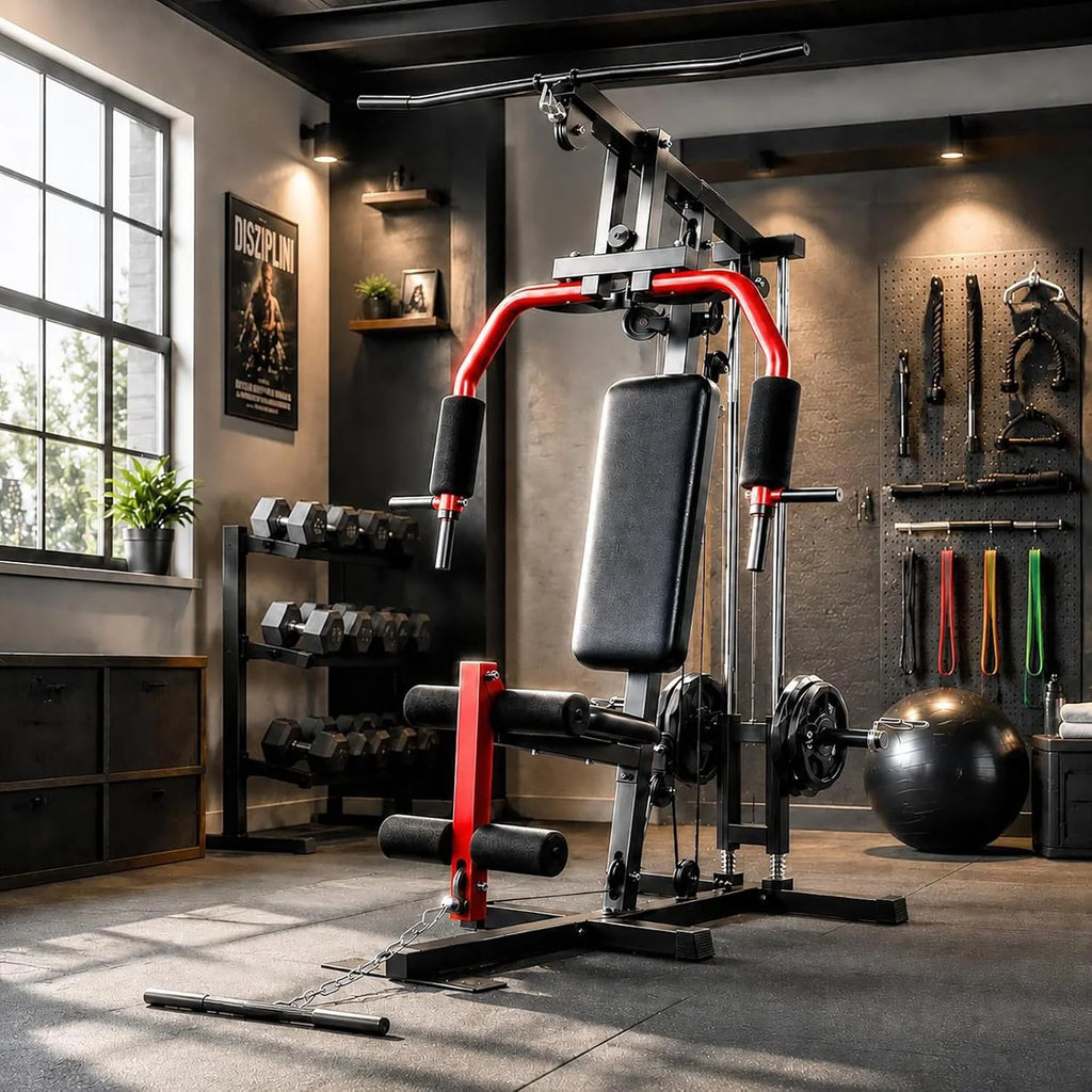 Gimnasio multifuncional profesional con cordones integrados y sistema de doble cable-Max. capacidad de carga de 180 kg para entrenamiento de fuerza exigente