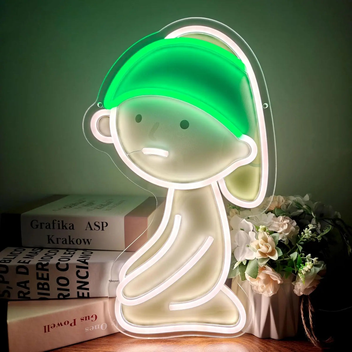 Señal LED de neón USB con dibujo de personaje estilo cartoon, luz verde y blanca